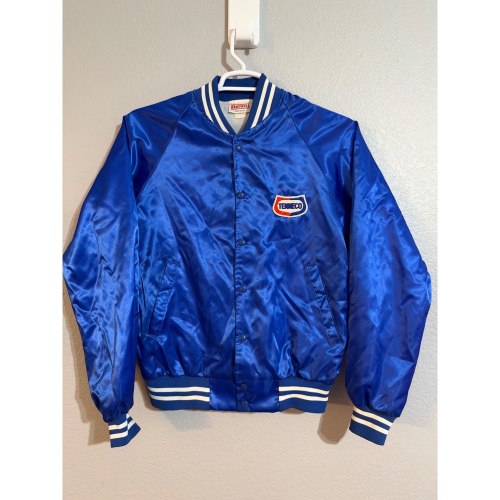Vintage 80's Hartwell Tenneco Satin Bomber Jacket Blue Made in USA Mens Medium